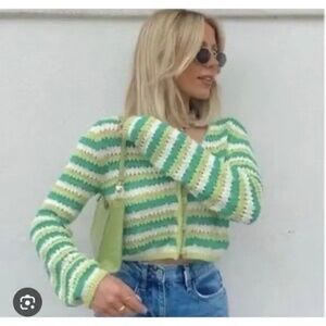 ZARA Crochet Striped Cardigan Green and White Size S